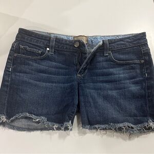PAIGE Dark Blue Frayed Jean Shorts